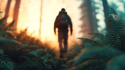 A silhouette of a person walking through a misty forest, surrounded by lush ferns, illuminated by soft, warm light in the background.