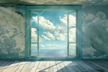 Open window showing beautiful seascape with clouds and sunlight illuminating old room with wooden floor