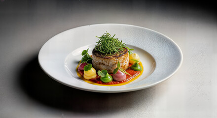 Gourmet plated seafood dish with colorful vegetable purees and herb garnish elegant fine dining restaurant presentation commercial culinary food photography upscale menu