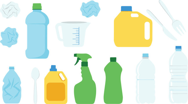 Plastic waste and household container illustration set with bottles jugs cleaning spray and disposable items in flat vector style