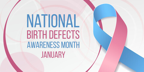 Banner with pink and blue ribbon awareness and text. National Birth Defects Awareness Month concept. Vector illustration.