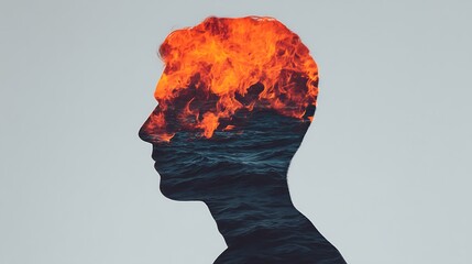 A surreal image blending a human silhouette with fiery flames and ocean waves, representing the interplay of thoughts and emotions.