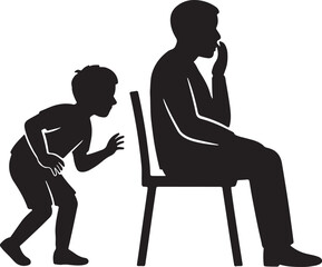"Child sneaking up on parent for joke, minimal flat silhouette vector"