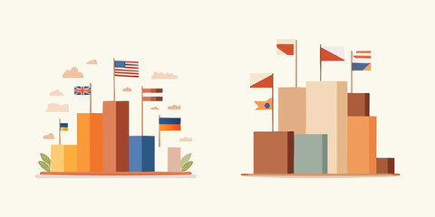 Isometric 3d vector illustration of an urban city background featuring a set of business buildings and residential house architecture design for a modern construction concept