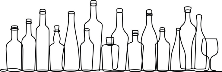 Elegant line art drawing of assorted bottles and glass minimalist outline illustration for wine spirits bar restaurant design continuous contour sketch on white background liquor store marketing mater