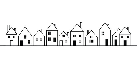 Minimalist black and white house vector illustration featuring a row of simple home designs for real estate agencies property development construction companies architecture firms urban planning and n