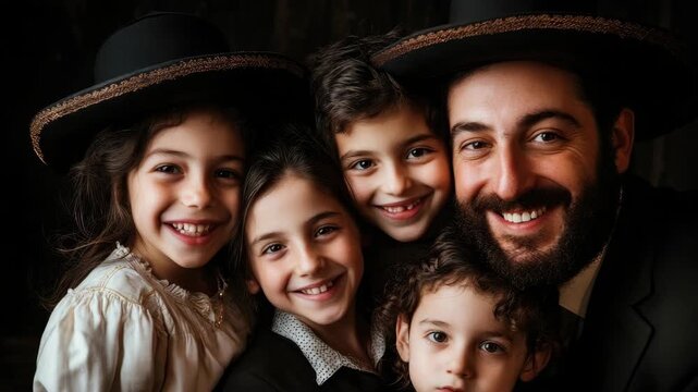 A family of Jewish heritage celebrates together during a joyful occasion.