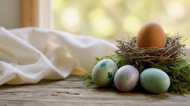 Easter eggs still life decoration on rustic wood