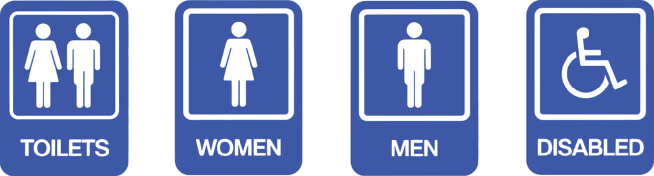 Four blue and white restroom signs for toilets women men disabled