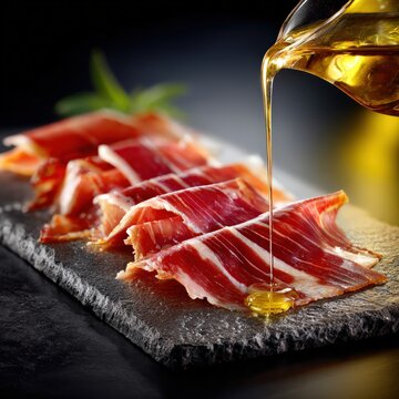 Gourmet Jamon Iberico Slices with Olive Oil Pour on Slate Board