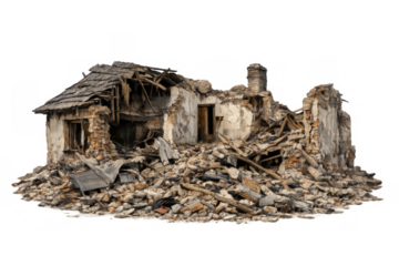 Ruined house showing destruction, damage, and disaster with transparent background