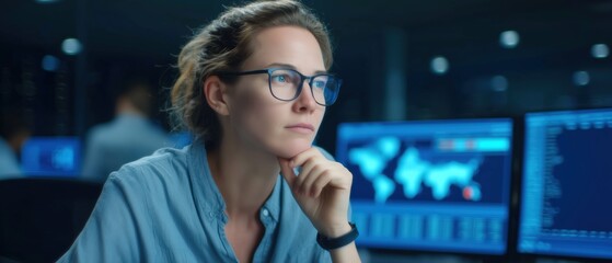Thoughtful woman working at computer in modern office environment