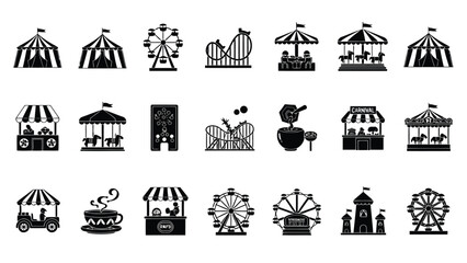 Carnival icons set with rides and attractions