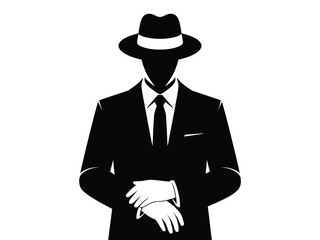 Mysterious faceless man in black suit and fedora hat standing confident anonymous figure character illustration for crime investigation secret agent or private detective silhouette concept for digital