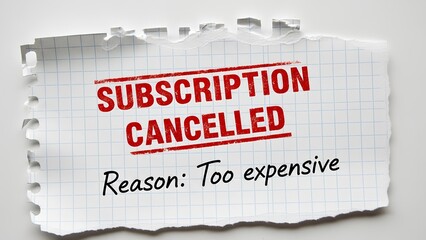 Torn white notebook paper sheet with subscription cancelled red stamp and too expensive reason handwritten text. Funny sarcastic relationship breakup concept. Anti valentine day joke for dating