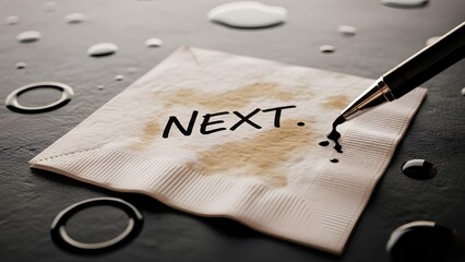 White cocktail napkin with coffee stains and handwritten next text on black table surface. Funny cynical dating concept for moving on after breakup. Pen writing ink drop on tissue paper design