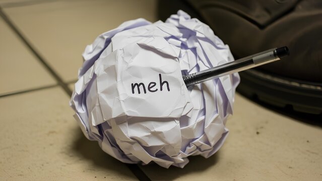 Crumpled white paper ball with handwritten meh text stabbed by pen on dirty floor. Funny indifferent reaction to romance or valentine day. Apathy and boredom concept for sarcastic holiday design