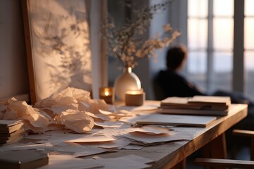 A serene workspace with crumpled papers, a candle, and soft light illuminating a person in the background, creating a tranquil atmosphere for creativity.