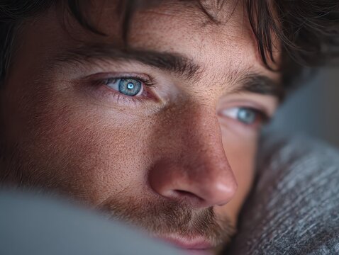 A close-up portrait of a young man with striking blue eyes, looking contemplative and relaxed against a soft background. - Powered by Adobe