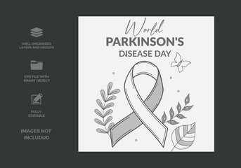 World parkinson's disease day illustration featuring a grey ribbon and natural elements