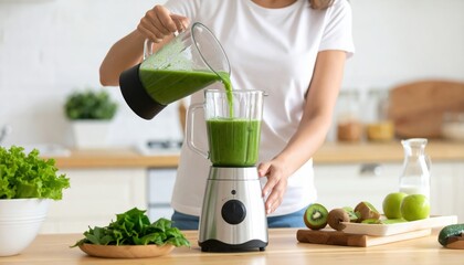 Woman Pours Vibrant Green Smoothie From Blender Into Glass With Fresh Spinach And Apples On Kitchen Countertop