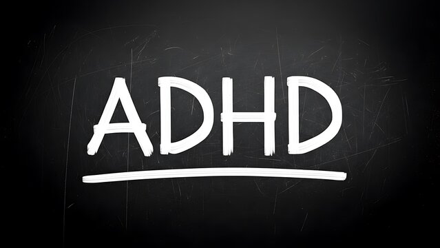 Attention deficit hyperactivity disorder acronym written in white chalk letters prominently displayed across a dark worn chalkboard surface for educational concepts. - Powered by Adobe