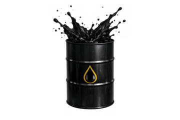 Black crude oil splashing from barrel with symbol