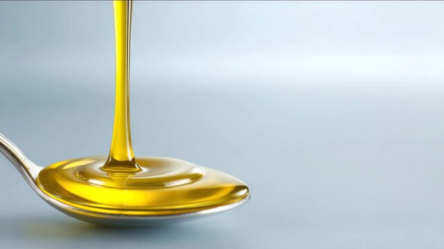 Close-up shot of olive oil pouring onto a spoon, showing its texture and color