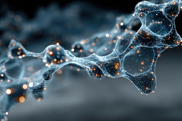 An abstract visualization of a molecular or neural structure with translucent connections and glowing particles.  