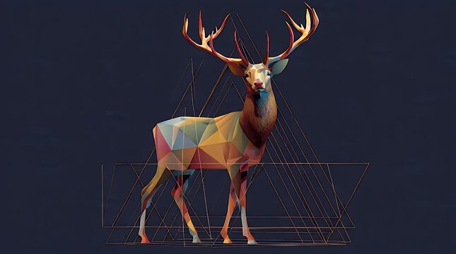 A colorful geometric deer stands against a dark background with orange lines