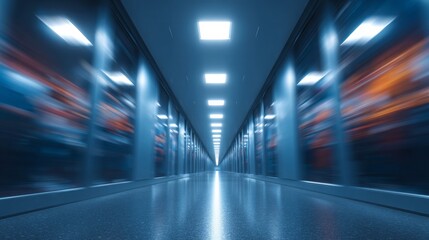 An eye-level view of a data center corridor with servers and lights creating an interesting perspective