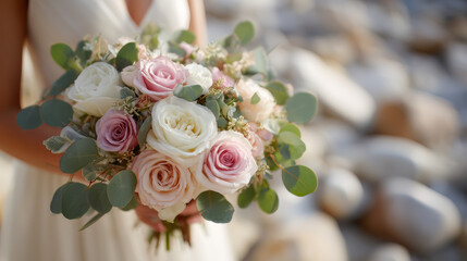 Bride Holding Pink White Rose Eucalyptus Bouquet on Rocky Beach Background