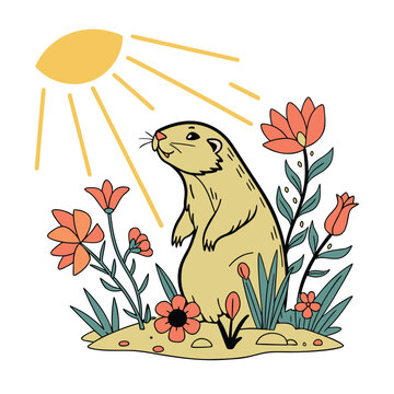 Cute Prairie Dog Illustration with Flowers and Sun