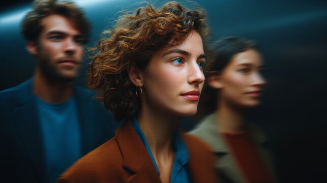Focused perspective shot of three individuals in an elevator, suggesting a sense of upward movement and progress