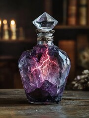 Dark gemstone vessel with illuminated vein pattern in elegant interior