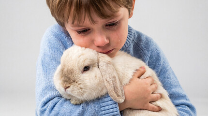 An adorable little boy with a cute smile finds joy and happiness while playing with his rabbit and a teddy bear toy during a fun moment of childhood