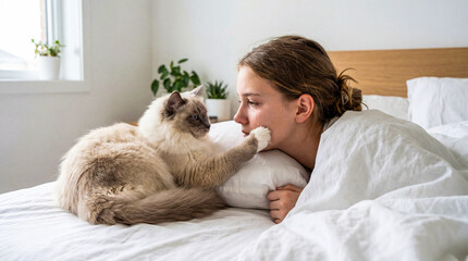 A happy family at home with a young man, a woman, and children smiling and playing with their dog and cat on the sofa