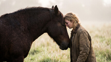 A brown mare and her young foal standing together in a grassy field