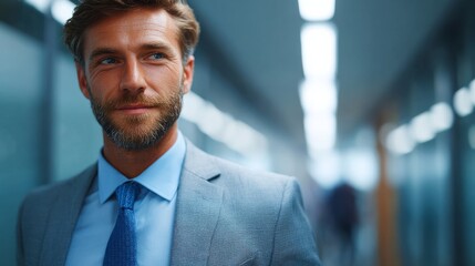 A man in a suit confidently walking down a modern corridor, exuding professionalism