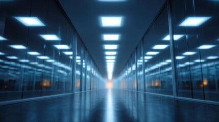 A futuristic data center interior with a bright pathway