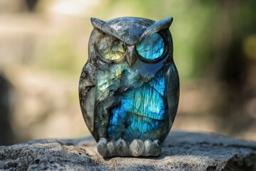 Labradorite crystal owl figurine on stone with natural green background
