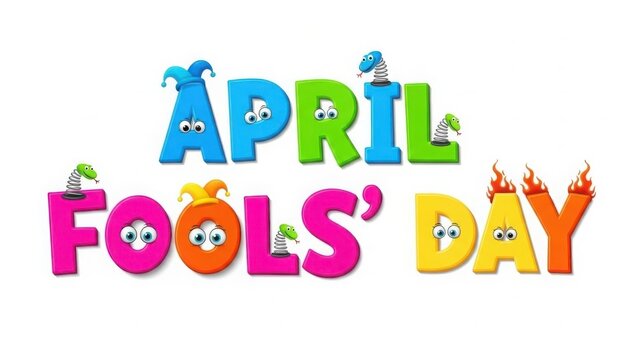 Colorful April Fools Day text with cartoon characters and letters