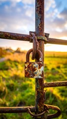 Rusty padlock hangs on a weathered metal gate, backdrop of field, sky