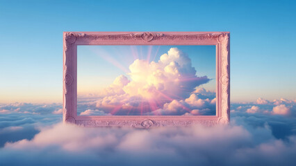 A serene pink frame surrounded by clouds, revealing a breathtaking cloudy landscape with sunbeams