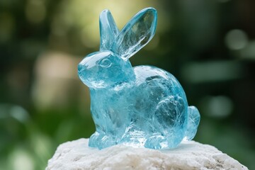 Aquamarine crystal rabbit figurine on stone with natural green background