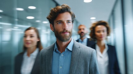 Obraz premium Confident business people walking in a modern office hallway