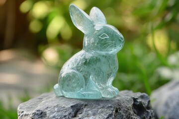 Aquamarine crystal rabbit figurine on stone with natural green background