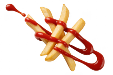 French fries with ketchup on black food snack fast food isolated on a transparent background