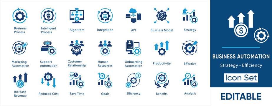 Business automation icon set. Containing strategy, efficiency, process, integration, productivity, analysis, revenue and more. Solid vector icons collection.
