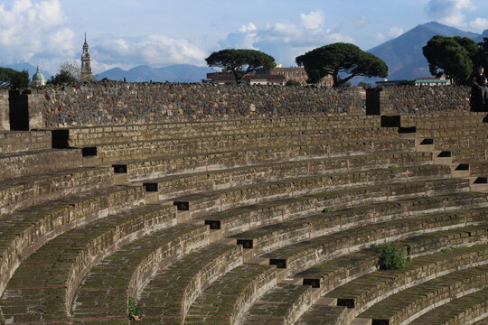 Stone seating inside Roman theatre of Pompeii, Italy
